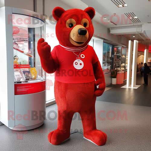 Costume De Mascotte Redbrokoly D'ours Rouge Personnage Habillé Avec Un Jegging Et Des Montres Bracelet