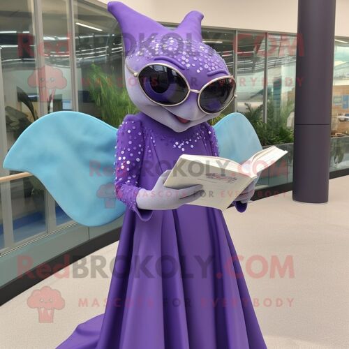 Personnage De Costume De Mascotte Redbrokoly De Lavande Stingray Habillé D'une Robe De Soirée Et De Lunettes De Lecture