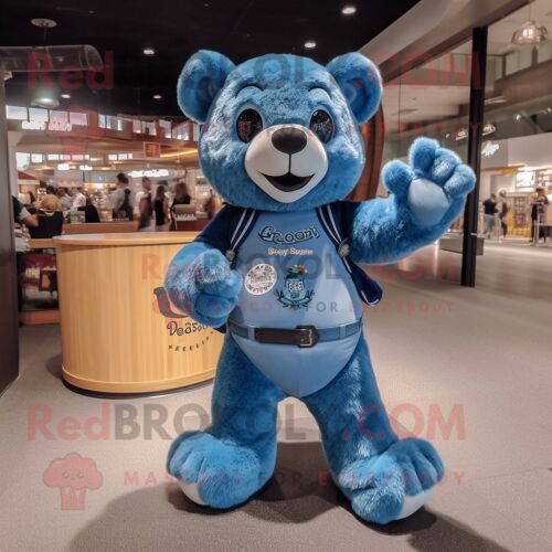 Personnage De Costume De Mascotte Redbrokoly D'ours Bleu Habillé D'un Short En Jean Et De Ceintures