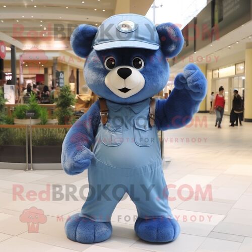 Personnage De Costume De Mascotte Redbrokoly D'ours Bleu Habillé D'un Short En Jean Et De Ceintures