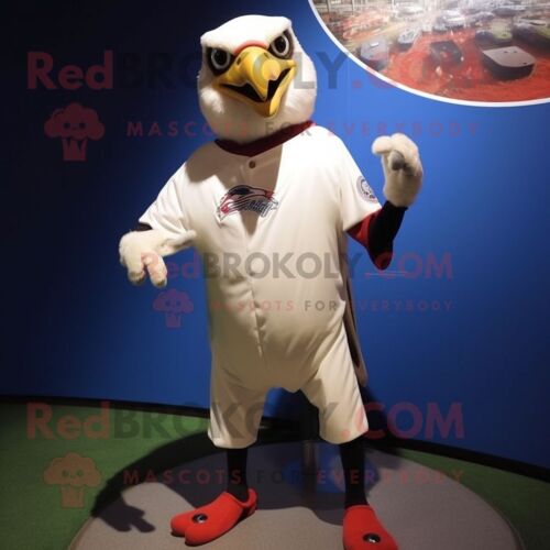 Personnage De Costume De Mascotte Redbrokoly De Faucon Blanc Habillé D'un Tee-Shirt De Baseball Et De Pinces À Chaussures