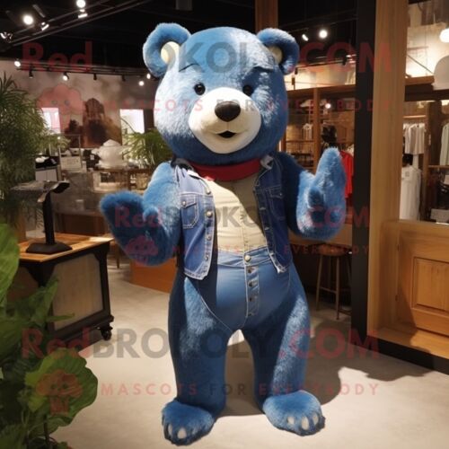 Personnage De Costume De Mascotte Redbrokoly D'ours Bleu Habillé D'un Short En Jean Et De Ceintures