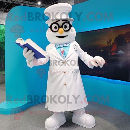 Mascotte Redbrokoly De Personnage De Docteur Blanc Habillé D'une Robe Et De Lunettes De Lecture
