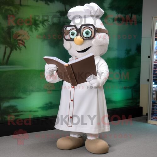Mascotte Redbrokoly De Personnage De Docteur Blanc Habillé D'une Robe Et De Lunettes De Lecture