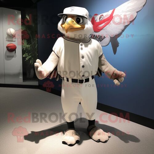 Personnage De Costume De Mascotte Redbrokoly De Faucon Blanc Habillé D'un Tee-Shirt De Baseball Et De Pinces À Chaussures