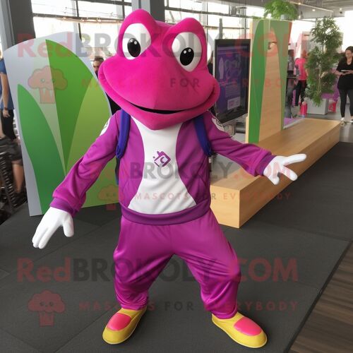 Personnage De Costume De Mascotte Redbrokoly De Grenouille Magenta Habillé D'un Jogging Et De Broches
