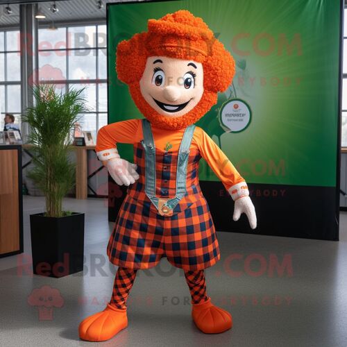 Personnage De Costume De Mascotte Redbrokoly De Danseuse Irlandaise Orange Vêtu D'une Chemise En Flanelle Et De Cravates