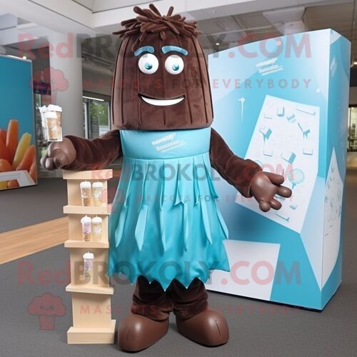 Personnage De Costume De Mascotte Redbrokoly Cyan Chocolate Bars Habillé D'une Robe De Cocktail Et D'épingles À Cheveux