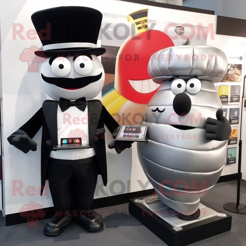 Personnage De Costume De Mascotte Redbrokoly Silver Burgers Habillé D'un Smoking Et De Portefeuilles