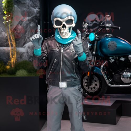 Personnage De Costume De Mascotte Redbrokoly De Crâne Cyan Habillé D'une Veste De Motard Et De Montres