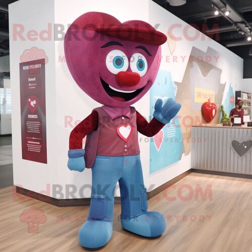 Personnage De Costume De Mascotte Redbrokoly Maroon Heart Habillé D'un Jean Évasé Et De Montres