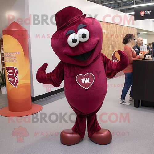 Personnage De Costume De Mascotte Redbrokoly Maroon Heart Habillé D'un Jean Évasé Et De Montres