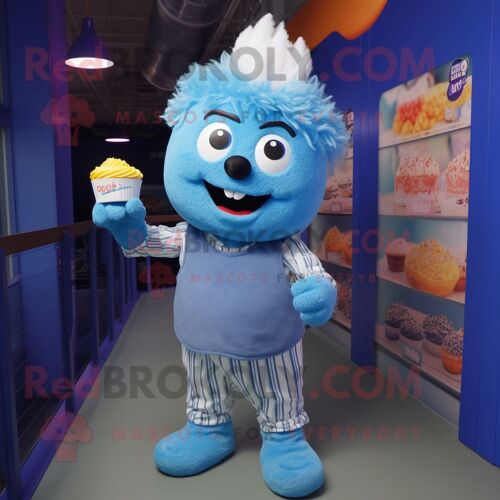 Personnage De Costume De Mascotte Redbrokoly Cupcake Bleu Habillé D'une Chemise Oxford Et De Bracelets De Cheville