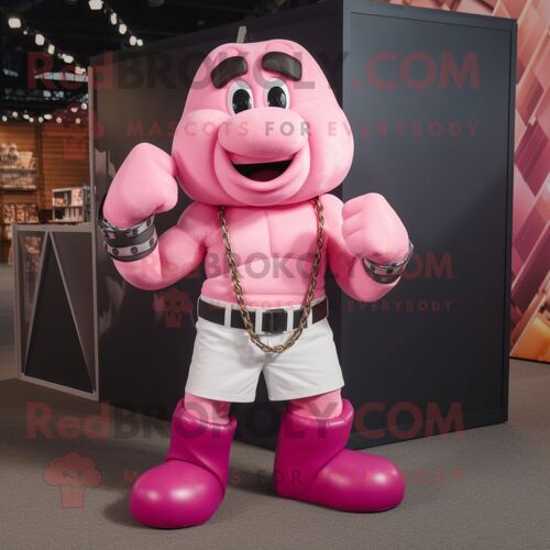 Personnage De Costume De Mascotte Redbrokoly De Gant De Boxe Rose Vêtu D'un Short Cargo Et De Colliers