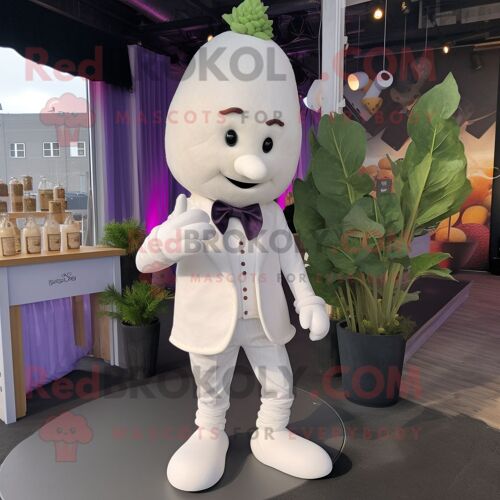 Mascotte Redbrokoly De Personnage De Framboise Blanche Habillée D'un Gilet Et De Boucles D'oreilles