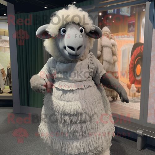 Personnage De Costume De Mascotte Redbrokoly De Mouton Mérinos Gris Habillé D'une Robe Taille Empire Et De Boucles D'oreilles