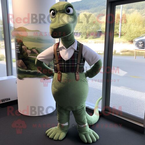 Personnage De Costume De Mascotte Redbrokoly Olive Loch Ness Monster Habillé D'un Gilet Et De Bretelles