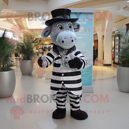 Mascotte Redbrokoly De Personnage De Zèbre Gris Habillé D'un Manteau Et D'épingles À Chapeau