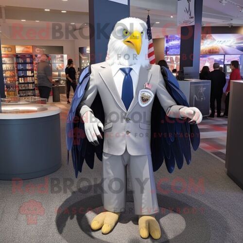 Personnage De Costume De Mascotte Redbrokoly D'aigle À Tête Blanche Argenté Habillé D'un Blazer Et D'épinglettes