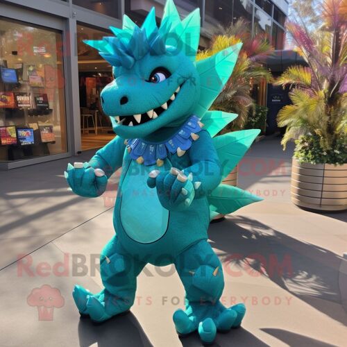 Mascotte Redbrokoly De Personnage Turquoise Stegosaurus Vêtu D'un Pantalon Habillé Et De Montres Bracelet