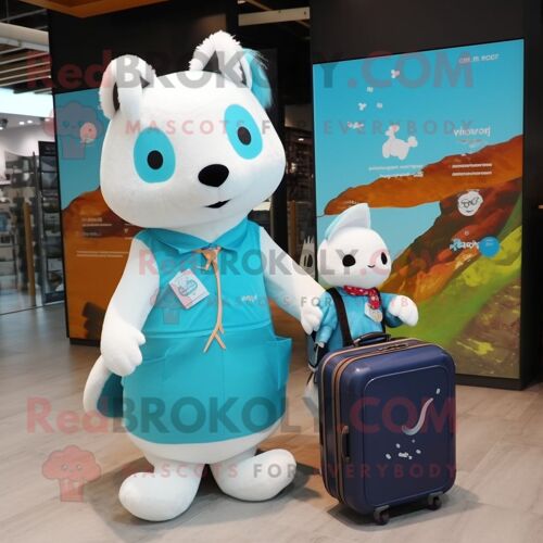 Mascotte Redbrokoly De Personnage D'hermine Turquoise Habillé D'un Chemisier Et De Besaces