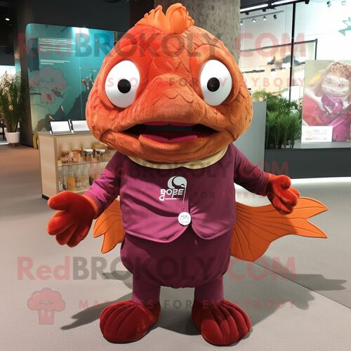 Personnage De Costume De Mascotte Redbrokoly De Poisson Rouge Marron Habillé D'un Gilet Et De Châles