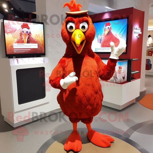 Personnage De Costume De Mascotte Redbrokoly De Poulet Tandoori Rouge Habillé D'une Robe Trapèze Et De Coussinets Pour Les Pieds