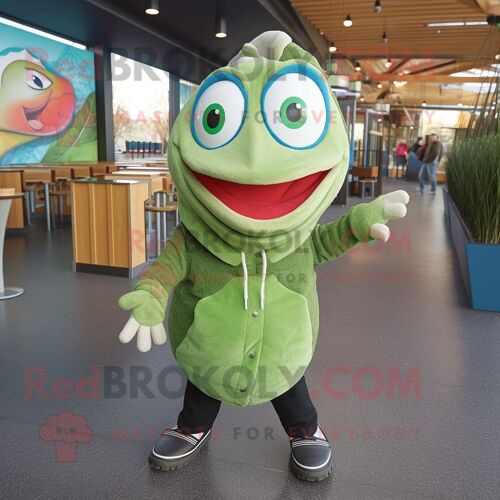 Mascotte Redbrokoly De Personnage Saumon Vert Habillé D'un Pull Et De Boucles D'oreilles