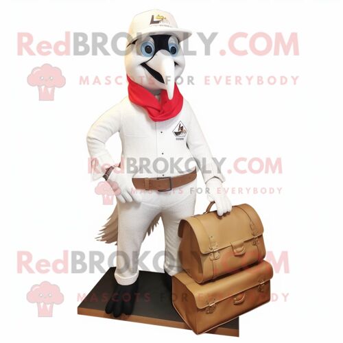 Personnage De Costume De Mascotte Redbrokoly De Pic Blanc Habillé D'un Jean Bootcut Et De Porte-Documents