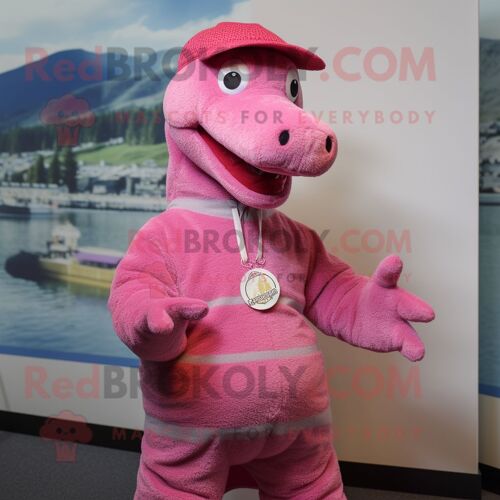 Personnage De Costume De Mascotte Redbrokoly De Monstre Du Loch Ness Rose Habillé D'un Cardigan Et De Casquettes