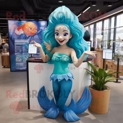 Personnage De Costume De Mascotte Redbrokoly De Sirène Cyan Habillé D'un Maillot De Bain Et D'épingles À Cheveux