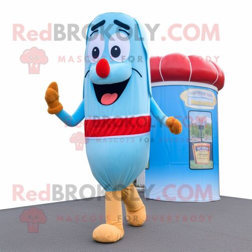 Personnage De Costume De Mascotte Redbrokoly De Hot Dog Bleu Ciel Habillé D'un Short De Course Et De Broches