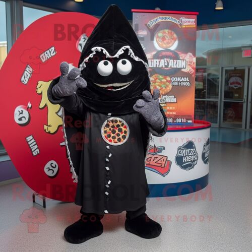Personnage De Costume De Mascotte Redbrokoly Pizza Noire Habillé D'un T-Shirt Graphique Et D'épingles À Châle