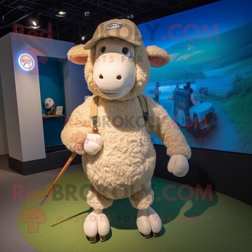 Personnage De Costume De Mascotte Redbrokoly De Mouton Beige Habillé D'un Short De Course Et D'épingles À Chapeau