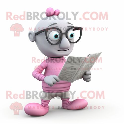 Costume De Mascotte Redbrokoly De Personnage Gris Rose Habillé D'un Col Roulé Et De Lunettes De Lecture