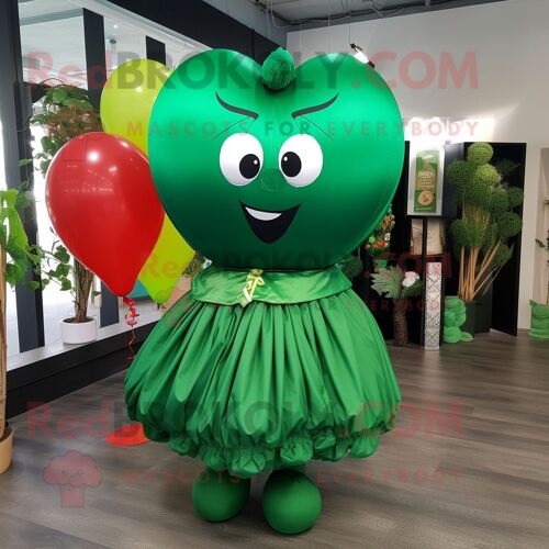 Personnage De Costume De Mascotte Redbrokoly De Ballons En Forme De Coeur Vert Forêt Habillé Avec Une Robe Droite Et Des Épingles À Châle