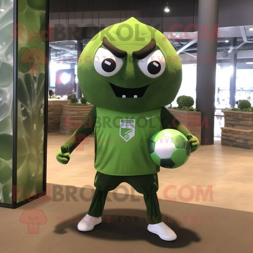 Personnage De Costume De Mascotte Redbrokoly De Ballon De Football D'olive Habillé D'un Tee-Shirt À Col En V Et De Coussinets Pour Les Pied