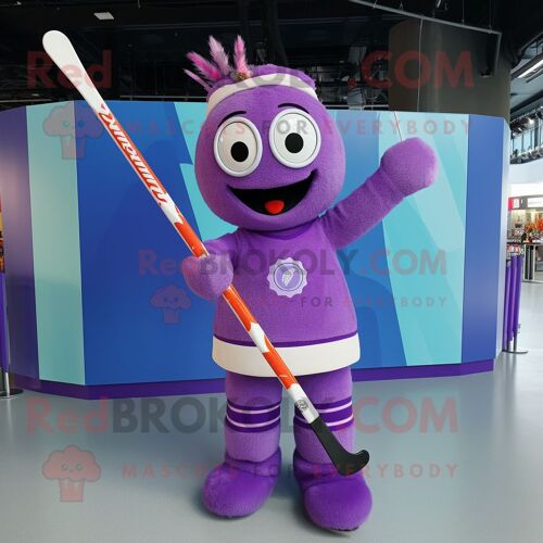 Personnage De Costume De Mascotte Redbrokoly De Bâton De Hockey Sur Glace Violet Habillé D'une Robe Longue Et De Bracelets