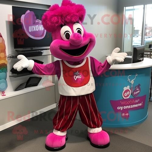 Personnage De Costume De Mascotte Redbrokoly De Clown Magenta Habillé D'un Débardeur Et De Noeuds Papillon