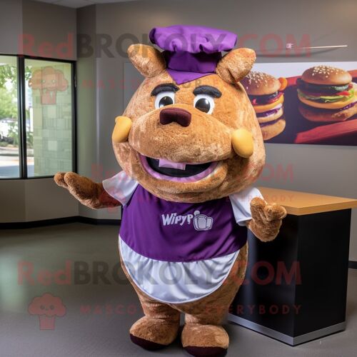 Personnage De Costume De Mascotte Redbrokoly De Sandwich Au Porc Effiloché Violet Habillé D'un T-Shirt À Col En V Et De Noeuds Papillon