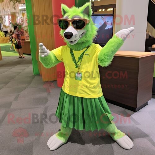 Personnage De Costume De Mascotte Redbrokoly Vert Lime Say Wolf Habillé D'une Jupe Plissée Et De Lunettes De Soleil