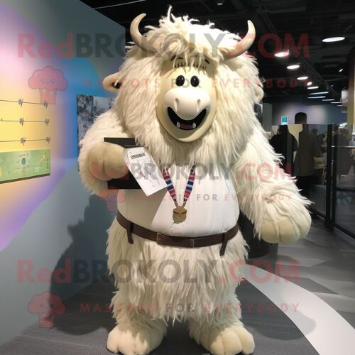 Personnage De Costume De Mascotte Redbrokoly De Yak Crème Habillé D'une Chemise Boutonnée Et De Bretelles