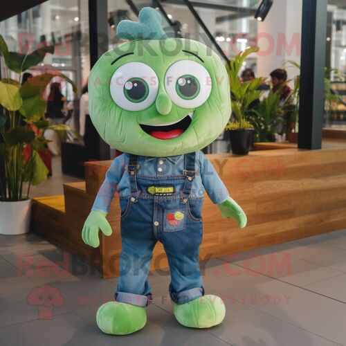 Personnage De Costume De Mascotte Redbrokoly Green Heart Habillé D'une Chemise En Jean Et De Portefeuilles