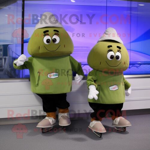 Personnage De Costume De Mascotte Redbrokoly Olive Pair Of Ice Skates Habillé D'un Pantalon Cargo Et De Porte-Monnaie