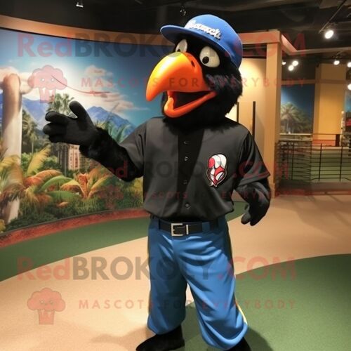 Personnage De Costume De Mascotte Redbrokoly D'ara Noir Habillé D'un Tee-Shirt De Baseball Et De Bretelles