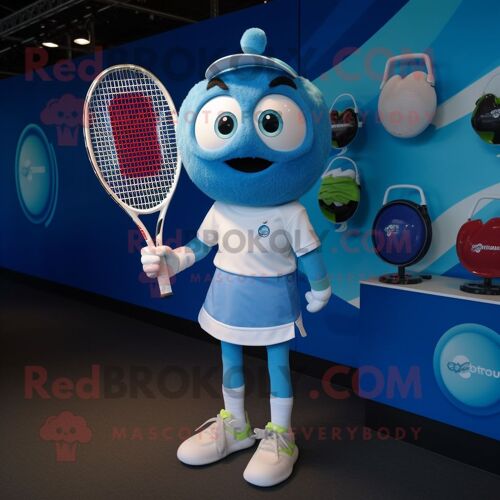 Personnage De Costume De Mascotte Redbrokoly De Raquette De Tennis Bleue Habillé D'un T-Shirt À Col En V Et De Montres Intelligentes