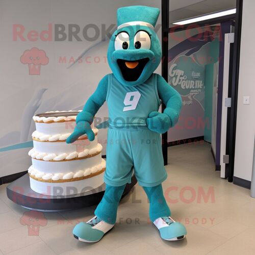 Personnage De Costume De Mascotte Redbrokoly De Gâteau De Mariage Bleu Sarcelle Habillé D'un Short De Course Et De Pinces À Chaussures