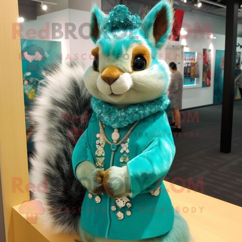 Personnage De Costume De Mascotte Redbrokoly D'écureuil Turquoise Habillé D'un Chemisier Et D'épingles De Châle
