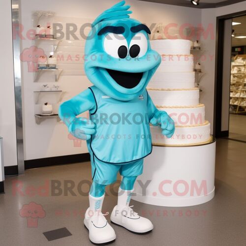 Personnage De Costume De Mascotte Redbrokoly De Gâteau De Mariage Bleu Sarcelle Habillé D'un Short De Course Et De Pinces À Chaussures