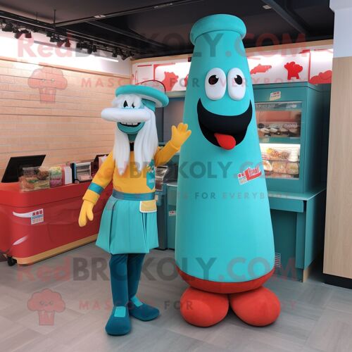 Personnage De Costume De Mascotte Redbrokoly Turquoise Hot Dogs Habillé D'une Jupe Longue Et De Bérets